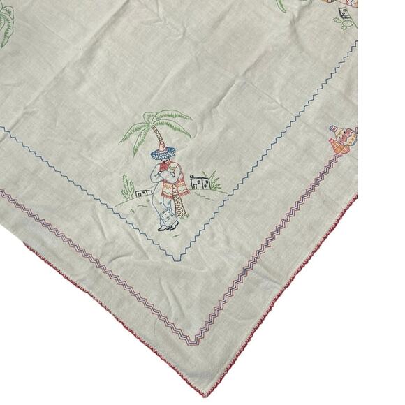 Vintage Handmade Embroidered Tablecloth Mexican Motif 40x46 Boho Folk Art - Picture 7 of 9